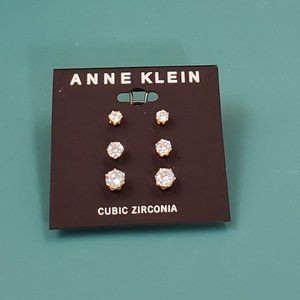Anne Klein, 3 prs of Cubic Zirconia stud pierced post earrings, NWT